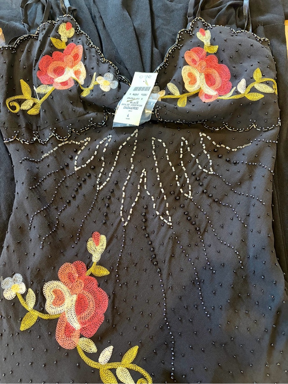 Cache Black Dress with Red and Yellow Floral Embroidery
